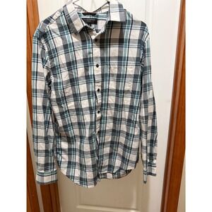 Banana Republic Mens Lightweight Flannel Shirt Plaid Teal White Grey‎ M RN54023